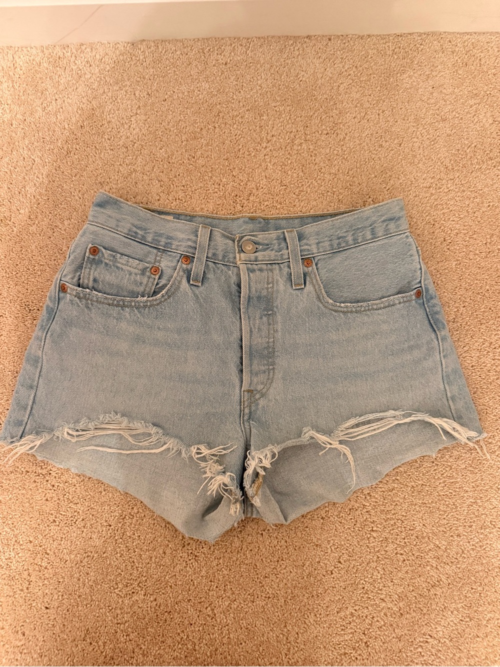 Levi’s Light Blue Distressed High-Rise Denim Shorts
